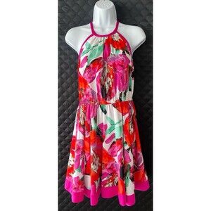 Bebe Floral Halter Fit & Flare Dress Pink Red Party Evening Dress Size Medium